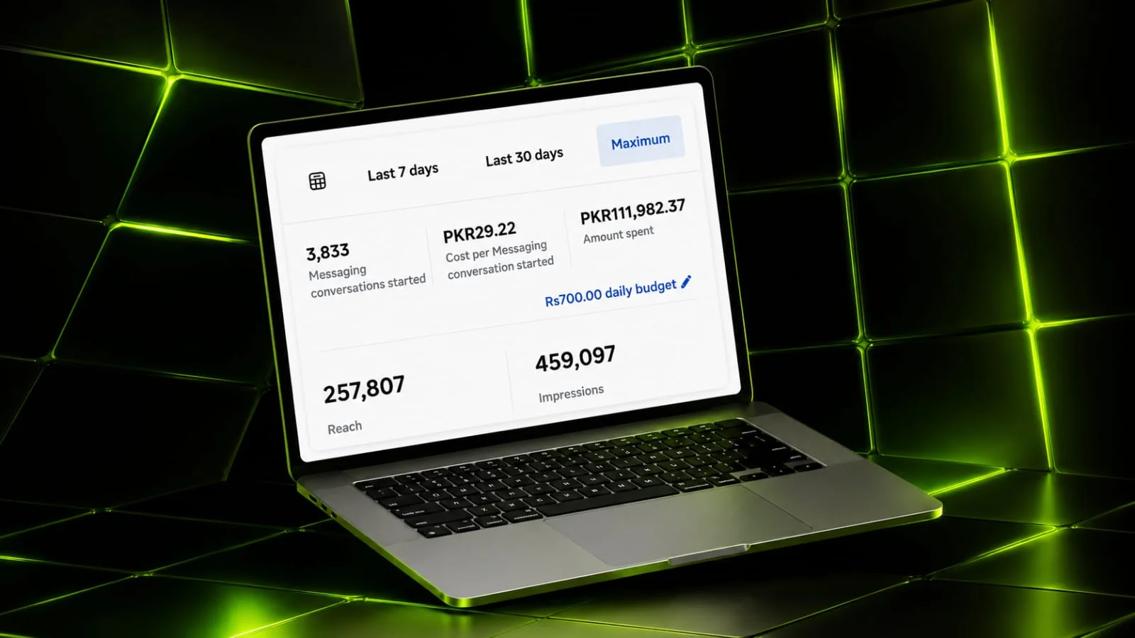 Meta Ads Manager — 3,833 Conversations at PKR 29.22